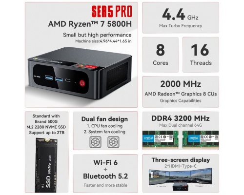 Beelink Mini PC SER5 Pro Ryzen 7 5800H 4.4GHz 16GB DDR4/500GB SSD/W11 Pro)