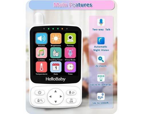 HelloBaby Baby Monitor HB‎40 4'' IPS Screen