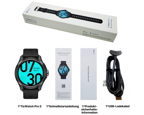Ticwatch Pro 5 Aluminium 48mm Αδιάβροχο Smartwatch με Παλμογράφο (Μαύρο)