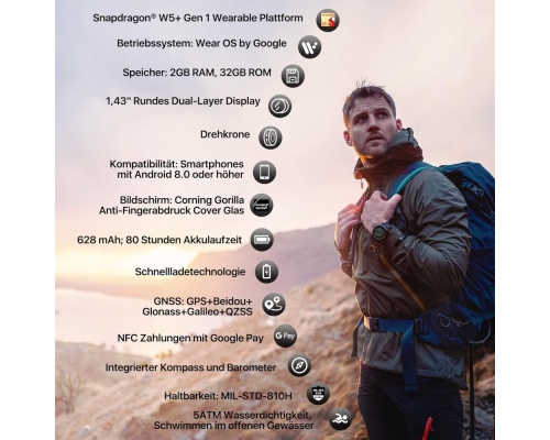 Ticwatch Pro 5 Enduro Aluminium 48mm Αδιάβροχο Smartwatch με Παλμογράφο obsidian