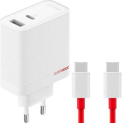 OnePlus Φορτιστής GaN με Θύρα USB-A και Θύρα USB-C και Καλώδιο USB-C - USB-C 80W Λευκός (SUPERVOOC) OnePlus Φορτιστής GaN με Θύρα USB-A και Θύρα USB-C και Καλώδιο USB-C - USB-C 80W Λευκός (SUPERVOOC)